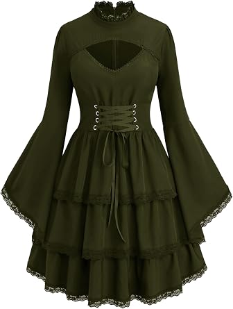 Rosegal Women Plus Size Gothic Lace-up Layered Cutout Bell Sleeves Dress