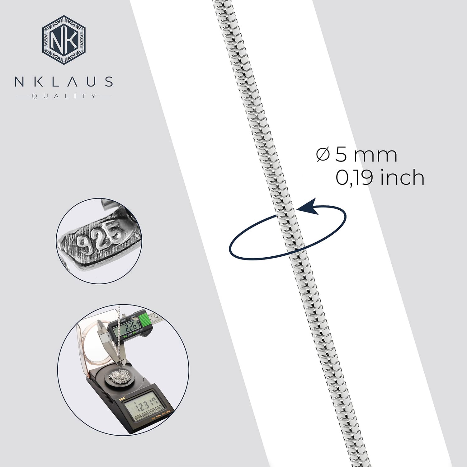 NKlaus łańcuszek wężyk 70 cm, 5 mm, srebro wysokiej próby 925, waga 44 g, srebrny łańcuszek na szyję, Biżuteria 4288
