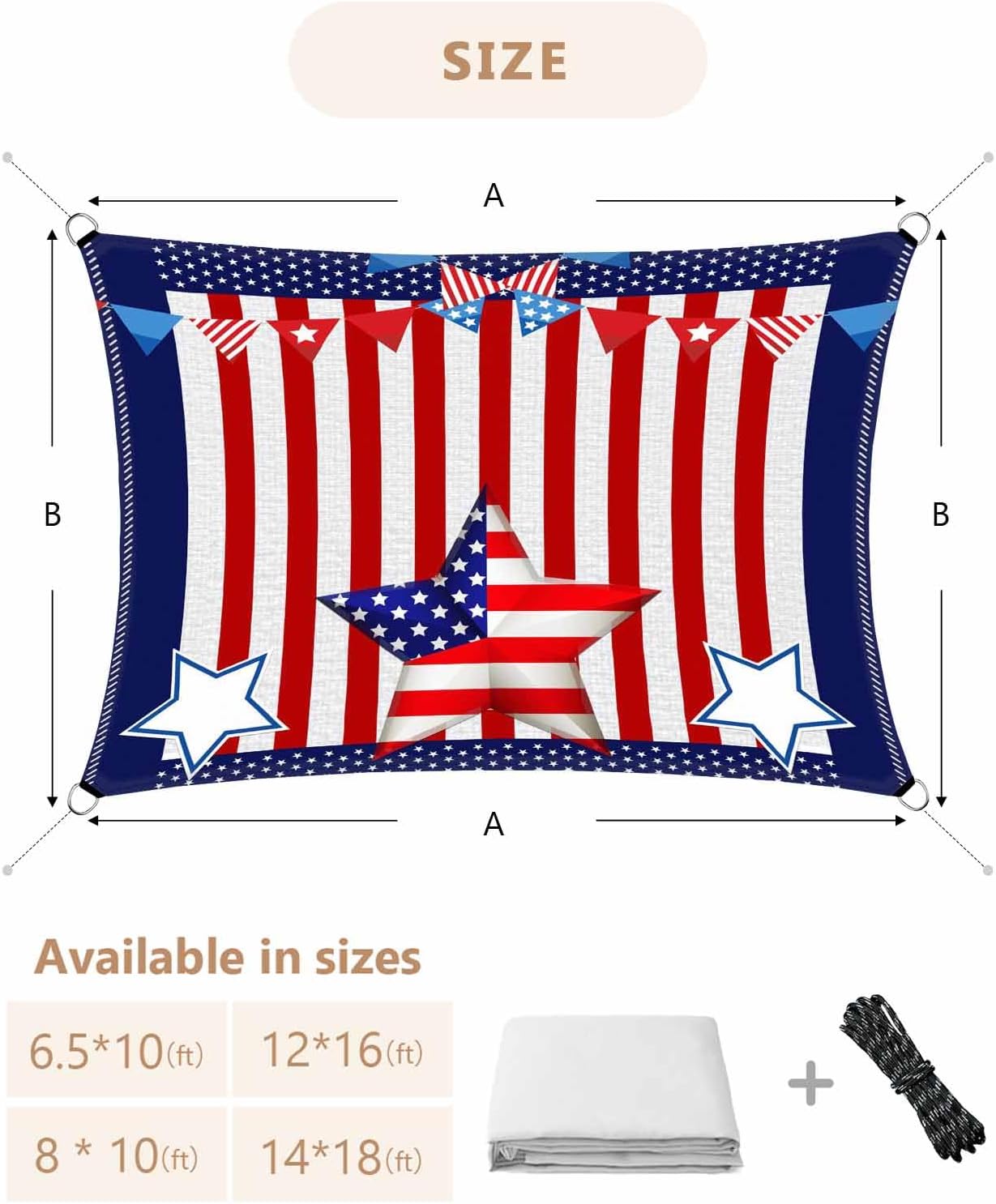 Sun Shade Sail 8' x 10', Red Striped 4th of July Rectangular Waterproof Outdoor Sun Shades, Independence Day Blue Star Shade Cloth for Patio Deck Terrace Garden Lawns Beach Backyard