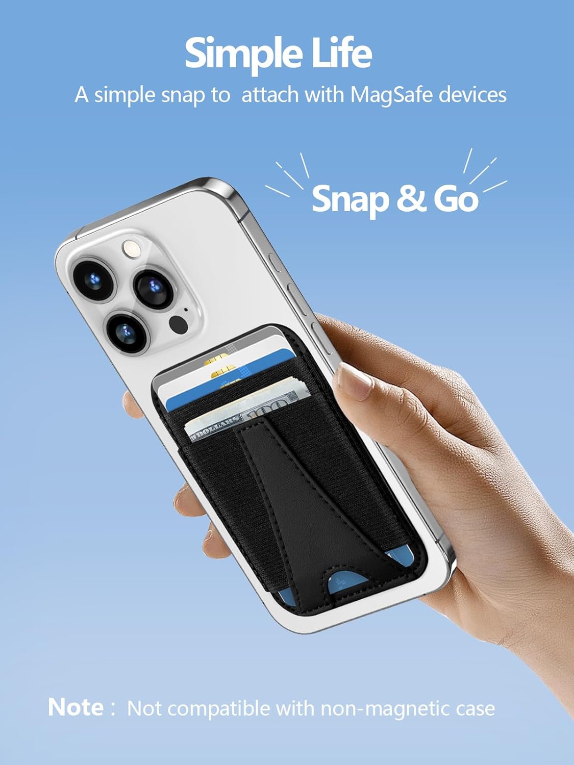 Hand attaching the Miroddi Magnetic Wallet to the back of an iPhone, demonstrating the simple snap-on mechanism.