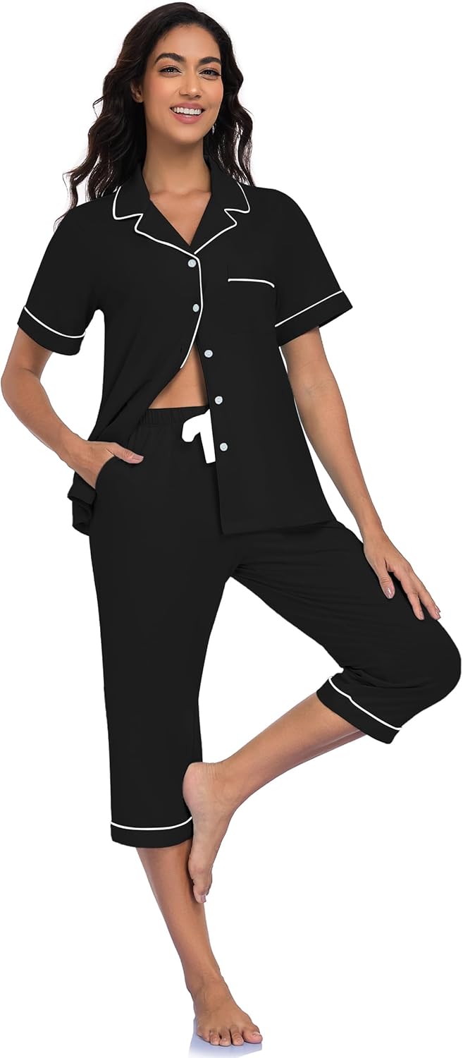 EA'S SECRET Cotton Pajamas for Women Pjs Capri Pajama Sleepwear Button Down Short Sleeve Loungewear Set Sleepwear For Women - Image 2