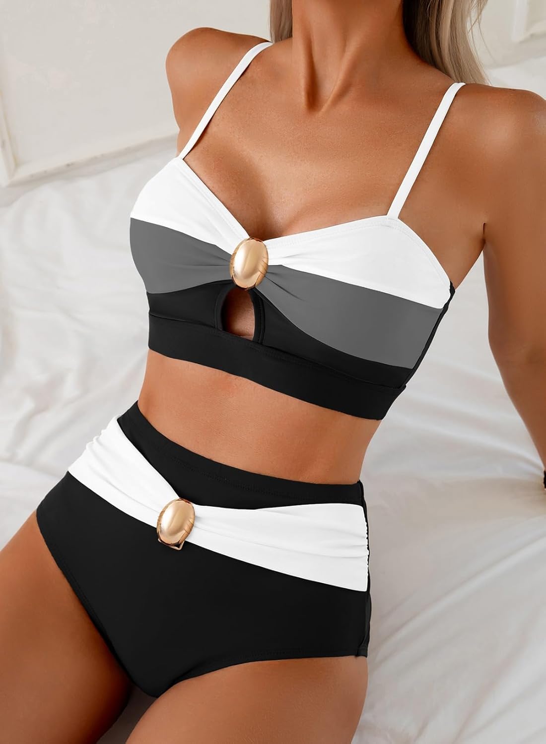 Herseas Women's 2 Piece Colorblock Bikini Sets Oval Metal Cutout Swimsuit High Waisted 2026 Beach Summer Swim Bathing Suits - Image 3