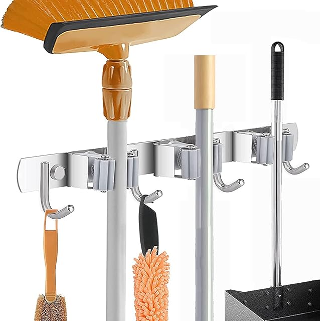 Saxhorn Broom Mop Holder, Stainless Steel Wall Mounted Storage Organizer Tool for Kitchen, Garage, Garden, Landry, Bathroom Organization and storage (3 Rack)