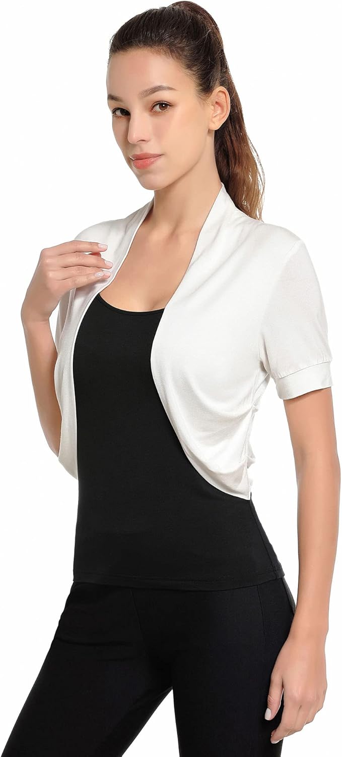AmélieBoutik Women Short Sleeve Bolero Shrug Open Front Pleated Sides Cropped Cardigan for Dress Casual - Image 5