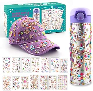 Gifts for Girls DIY Water Bottle and Baseball Cap, Decorate Your Own Water Bottle with Glitter Gem and Unicorn Stickers, Girls Birthday Present Age 4 5 6 7 8 9 10, Cap & Bottle Craft Kit for Kids Girl