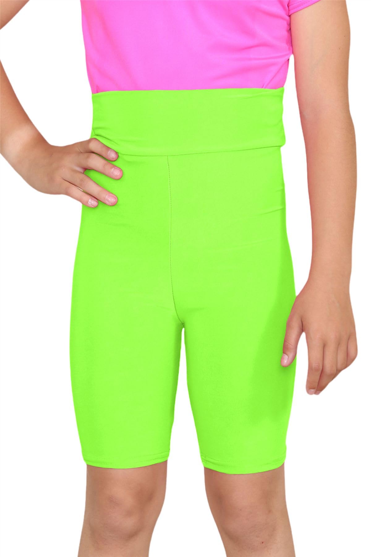 Hamishkane® Kids Plain Cycling Shorts Girls, Microfiber High Waisted Girls Gymnastics Shorts, Stretchy Sports Activewear Mini Kids Shorts - Elasticated Girls Cycling Shorts Neon Green