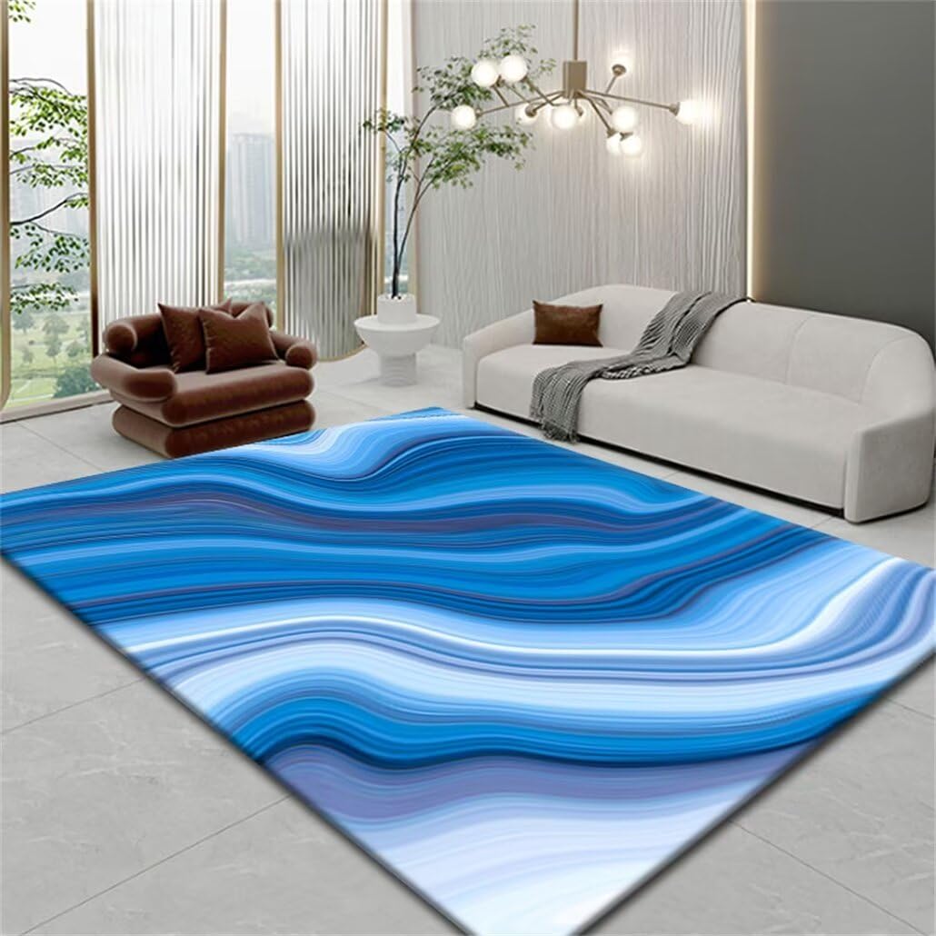 Tapis de grande chambre bleu à rayures abstrait pour réveiller le salon