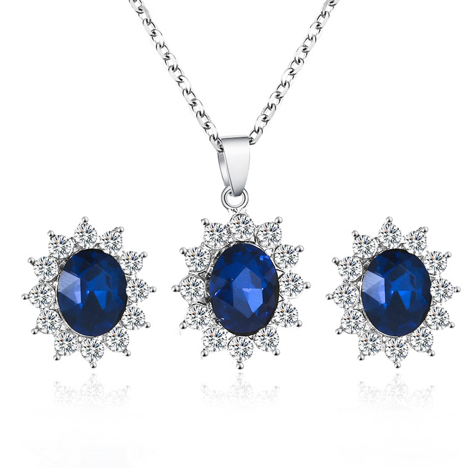 Yienate Juego joyas zafiro boda collar colgante cristal azul princesa juego pendientes collar cristal circonita diseño rayos sol collar pendientes tachuelas juego joyerí dama honor mujeres y niñas