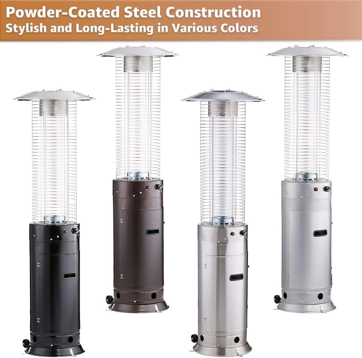 46,000 BTU Bronze Round Commercial Propane Outdoor Patio Heater with Glass Flame Tube and Protective Mesh – Freestanding Steel Design with Wheels for Patio, Deck, Restaurant, Poolside, Events