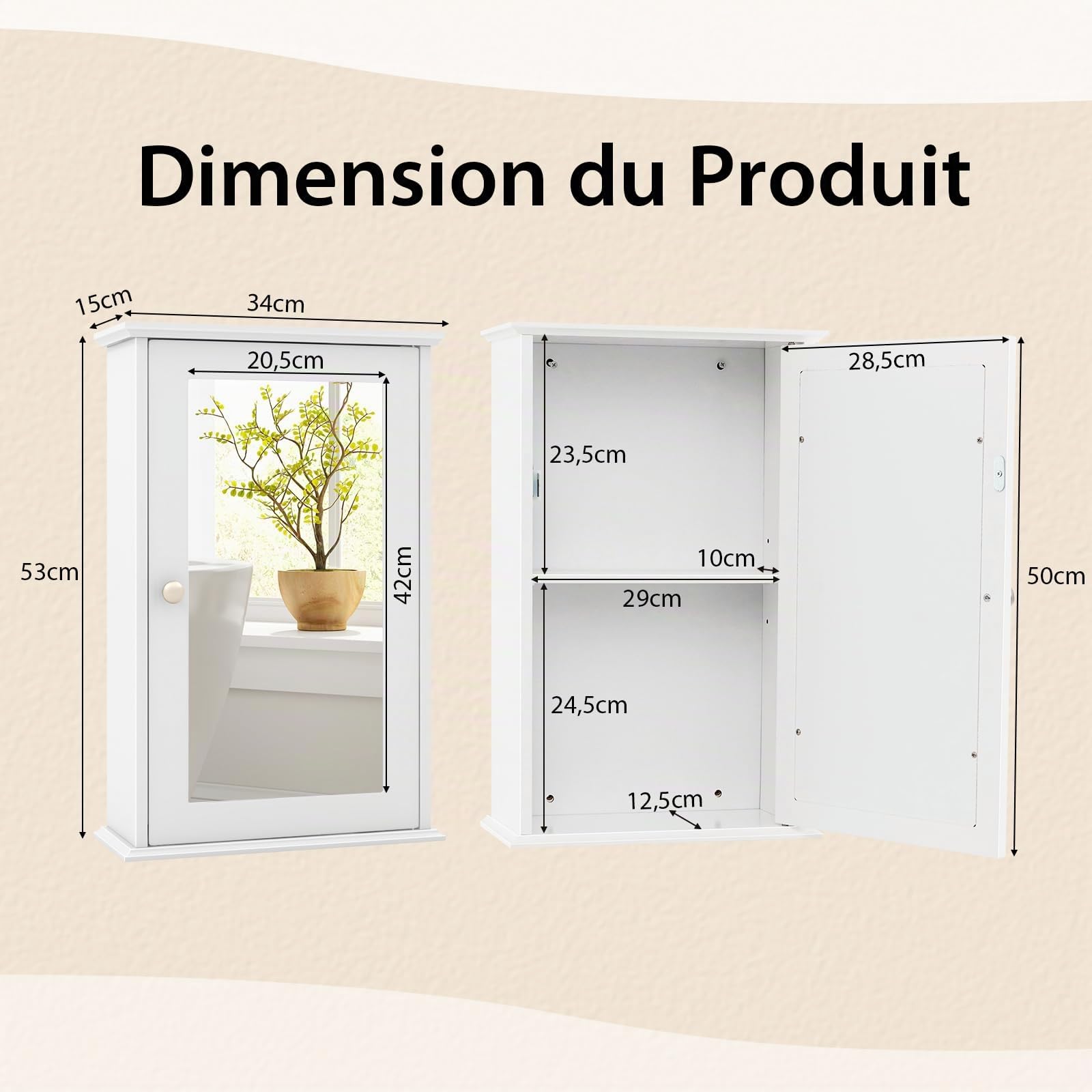 COSTWAY Armoire Murale de Salle de Bain, Meuble Salle de Bain avec Porte-Miroir, Meuble Suspendue à 2 Niveaux, Armoire à Pharmacie, Étagère Réglable, 15 x 34 x 53 cm (Blanc)