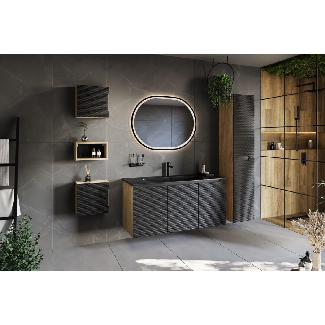 Veloa - Lavabo empotrado (80 cm, cerámica), color negro mate, diseño moderno, ovalado