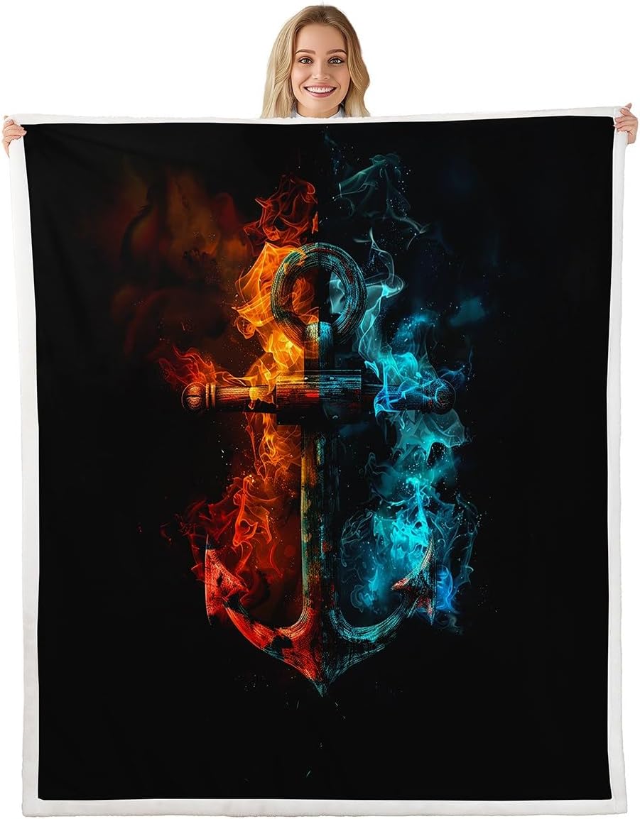 Erosebridal Nautical Anchor Fleece Blankets Queen 90"X90" Summer Ocean Theme Throw Bed Blanket Sea Adventure Sherpa Blankets for Kids Boys Teen Adults,Coastal Ocean Wave Vintage Anchor Fuzzy Blanket