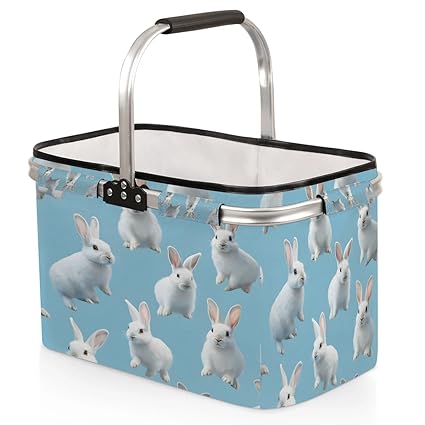 Kizmoglux Rabbit Blue Collapsible Market Basket, Foldable Picnic Basket - Large Shopping Basket with Handles, Portable Folding Bag for Shopping Camping Picnic