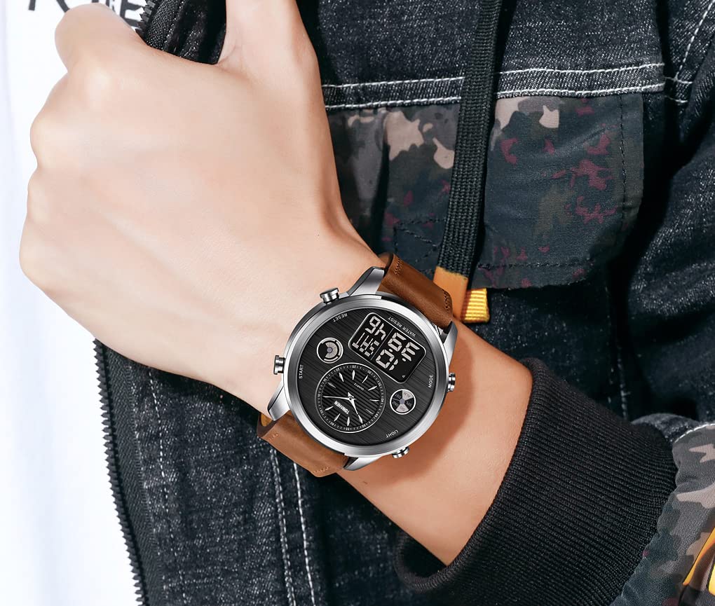 TONSHEN Uomo Fashion Stile Casual Acciaio Inossidabile Digitale Orologi da Polso e Pelle Cinturino Multifunzione LED Elettronico Outdoor Militare Sportivo Orologio Tre Tempo