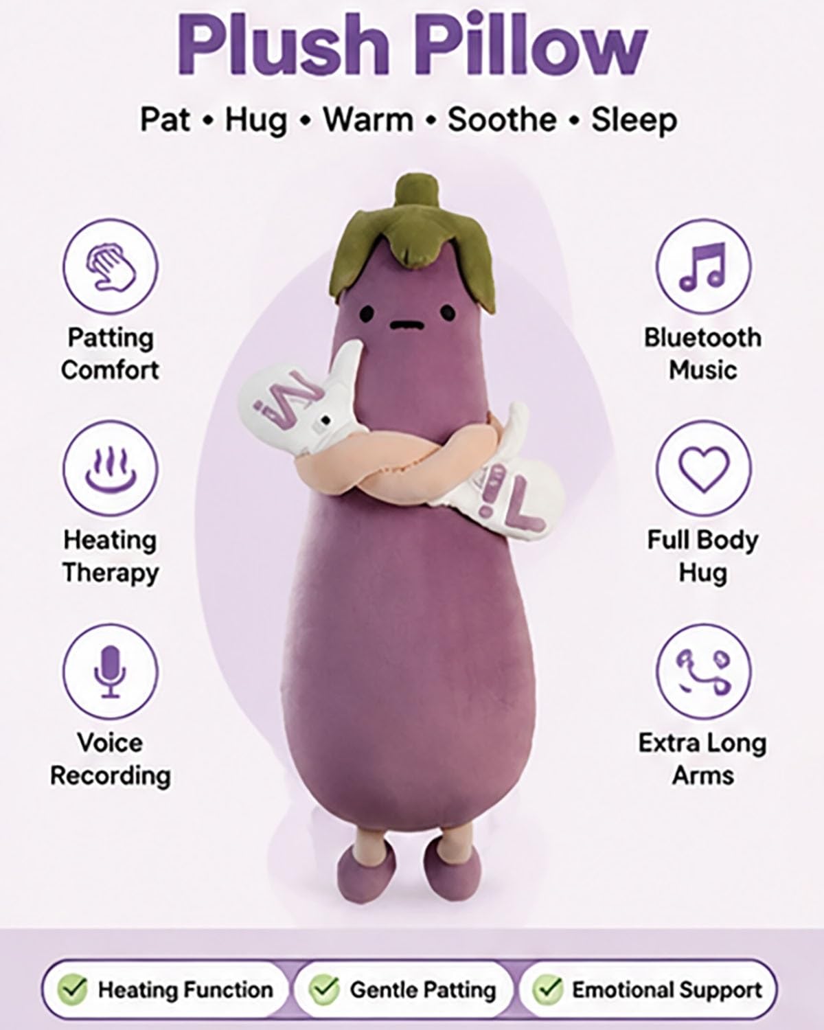 Auberginen-/Mango-Umarmungskissen, Bluetooth-Sprachaufzeichnung, intelligenter Schlafpartner for Erwachsene, for Stressabbau und for den Zufluchtsort zu Hause, Aubergine(Purple Tapping Model,S)