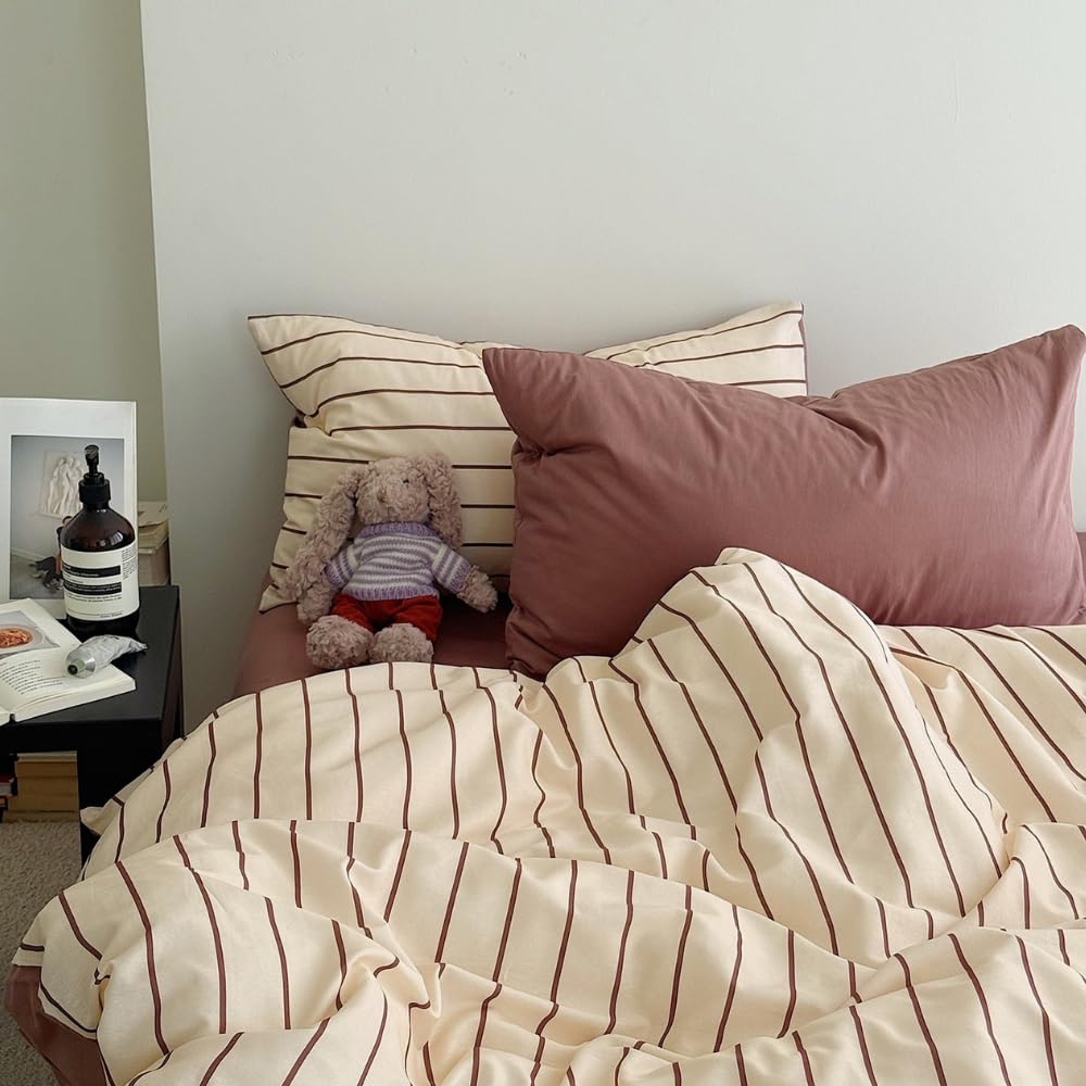 Michorinee Single Duvet Cover Set Brown Beige Stripe Girls Pattern Bedding