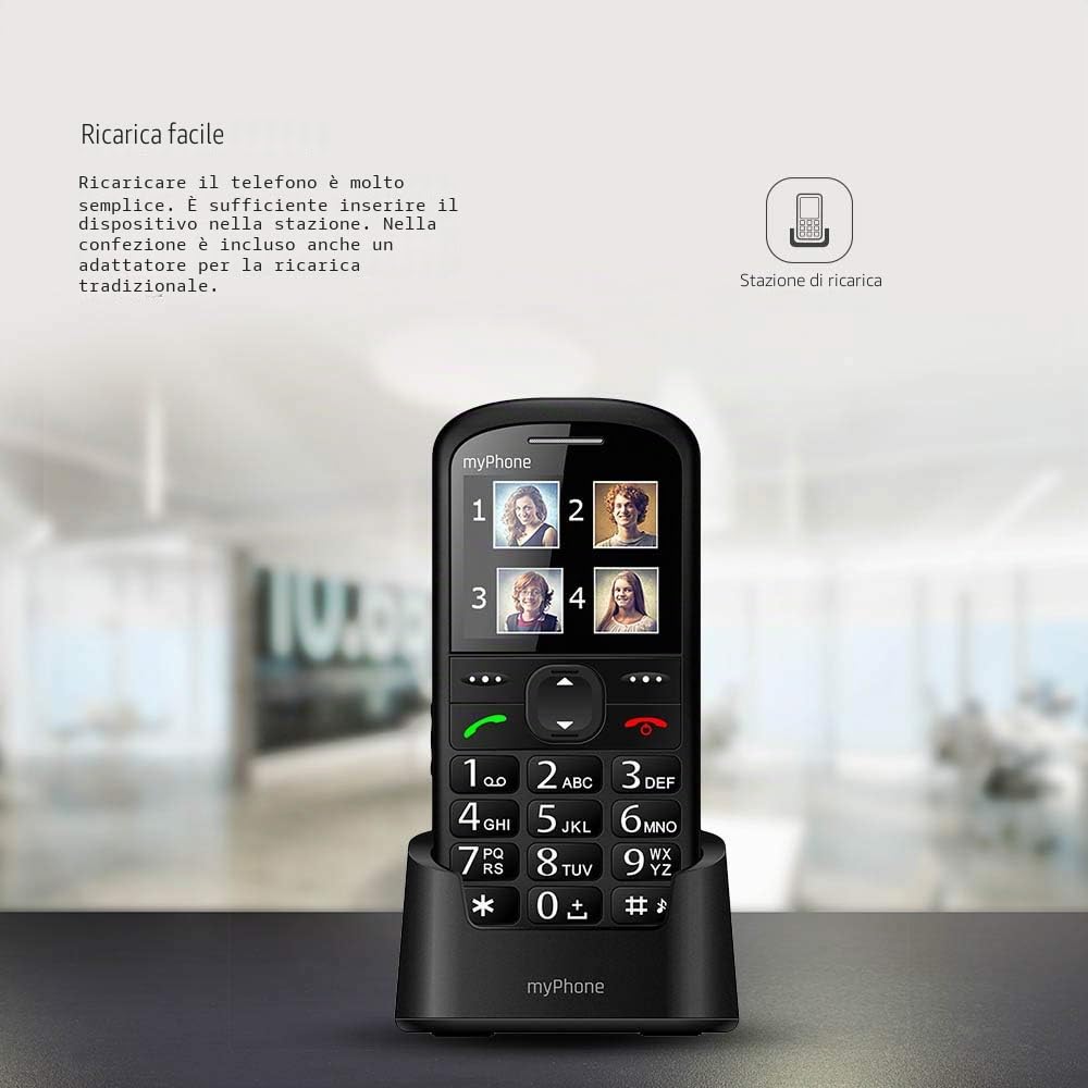 MP myPhone Halo 2 nero, Telefono cellulare per anziani con tasti grandi, pulsante di emergenza SOS, 2,2" Display, 900mAh Batteria, Base di ricarica
