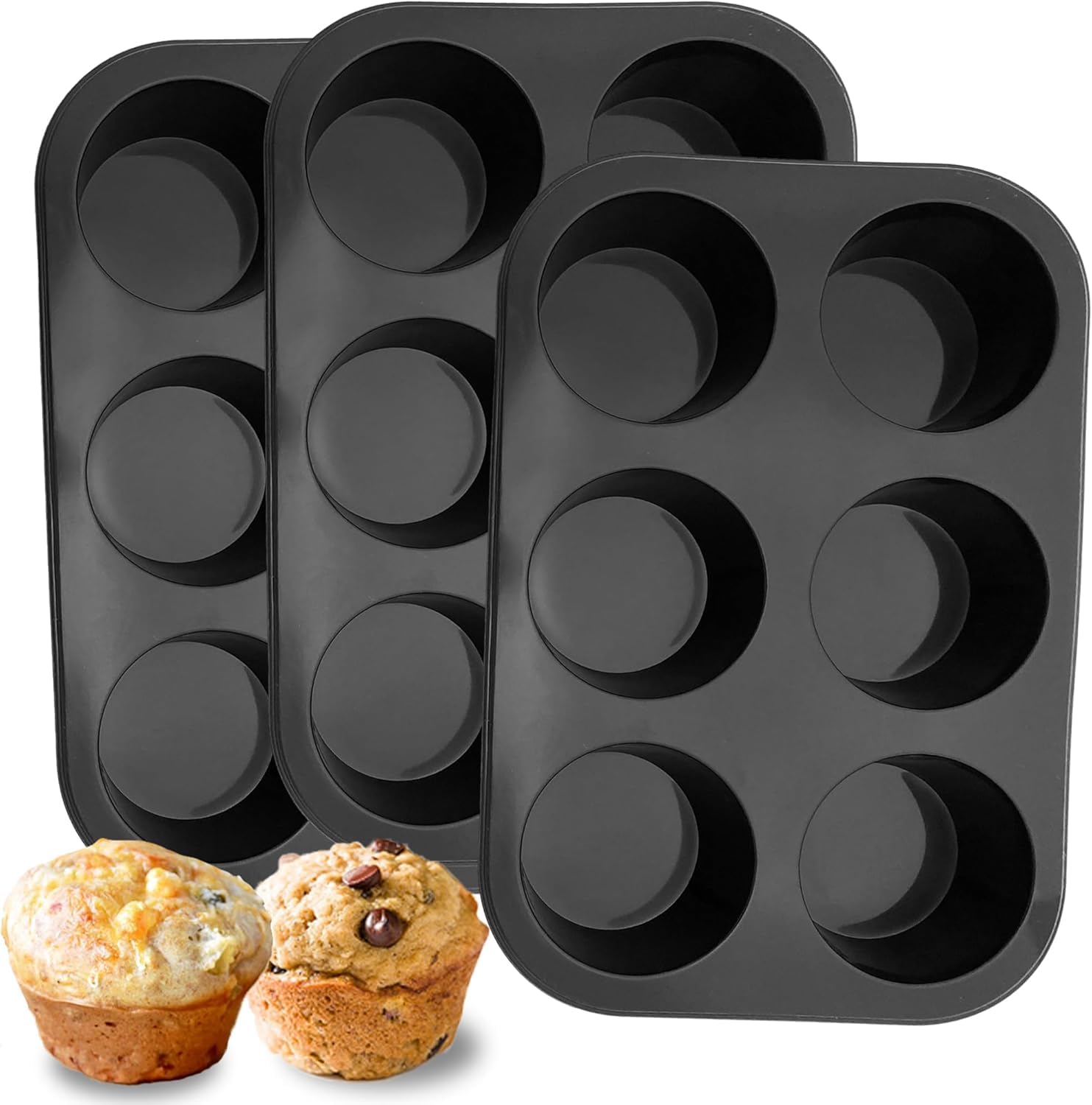 6 Cups Silicone Muffin Pan, Nonstick Cupcake Pan Muffin Tin,Food Grade Silicone Baking Mold Muffin Tray for Egg Maffins, Brownie Black 3 Pack