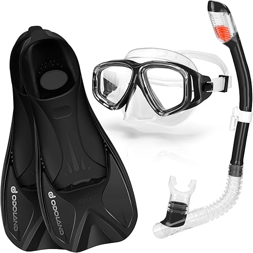 Odoland Juego de aletas de máscara de esnórquel, paquete de esnórquel, máscara de buceo con parte superior seca, aletas ajustables con bolsa de