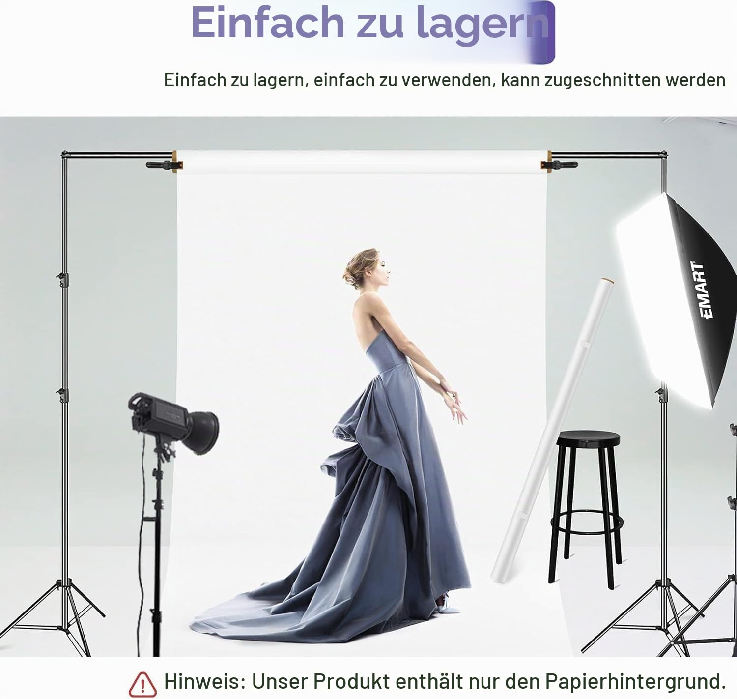 EMART Fotohintergrund Papier Weiße 1,3x4,9m Papierrolle Hintergrund