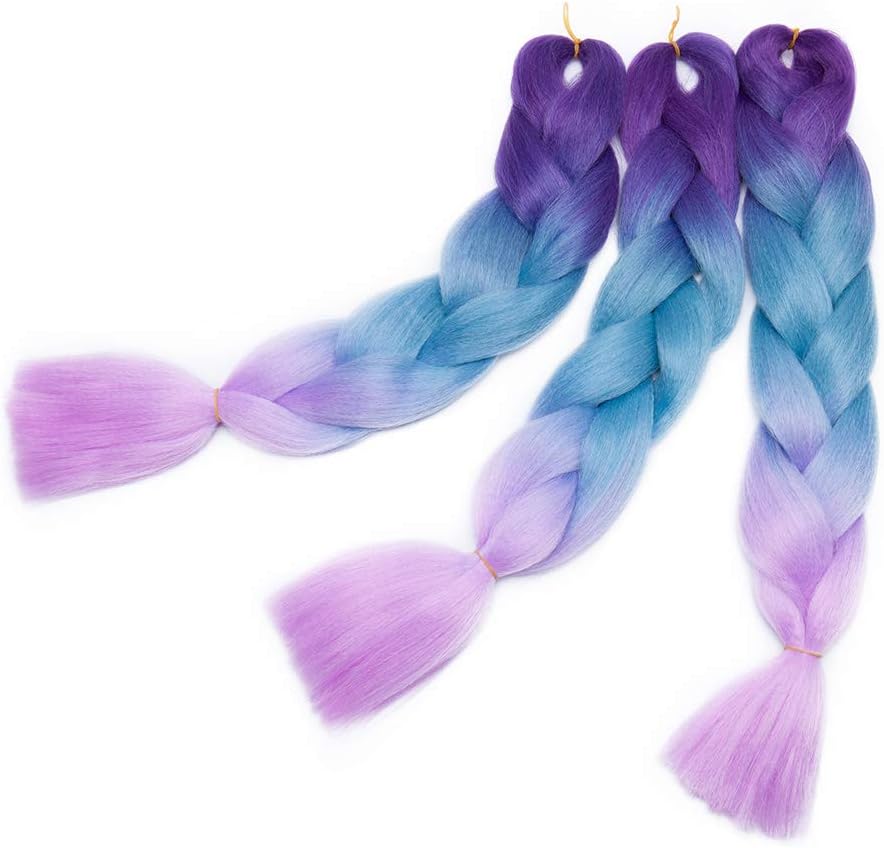 3 Pieces Colorful Jumbo Braiding Hair Extensions 3 Tone Ombre Synthetic Braiding Hair Extension 24 inches Purple to Lake Blue to Light Purple - Image 3