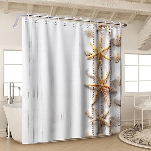 Miniatura 3 de OTRANTO Cortina de ducha con diseño de estrella de mar y estrella de mar, diseño de animales de playa, diseño retro, color beige, juego de