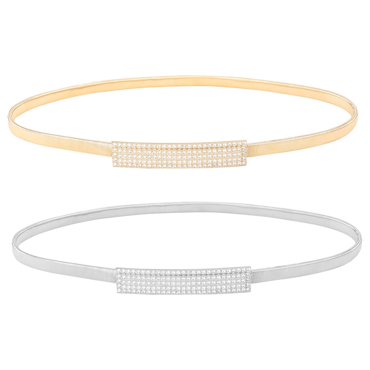 Ysdyy Unisex Gold 2 Pcs Waistbands For Women, Glitter Rhinestone Belt, Sequin Metal Belt, Elastic Elastic Waistband, Simple Fashion Belt, Belt For Dress
