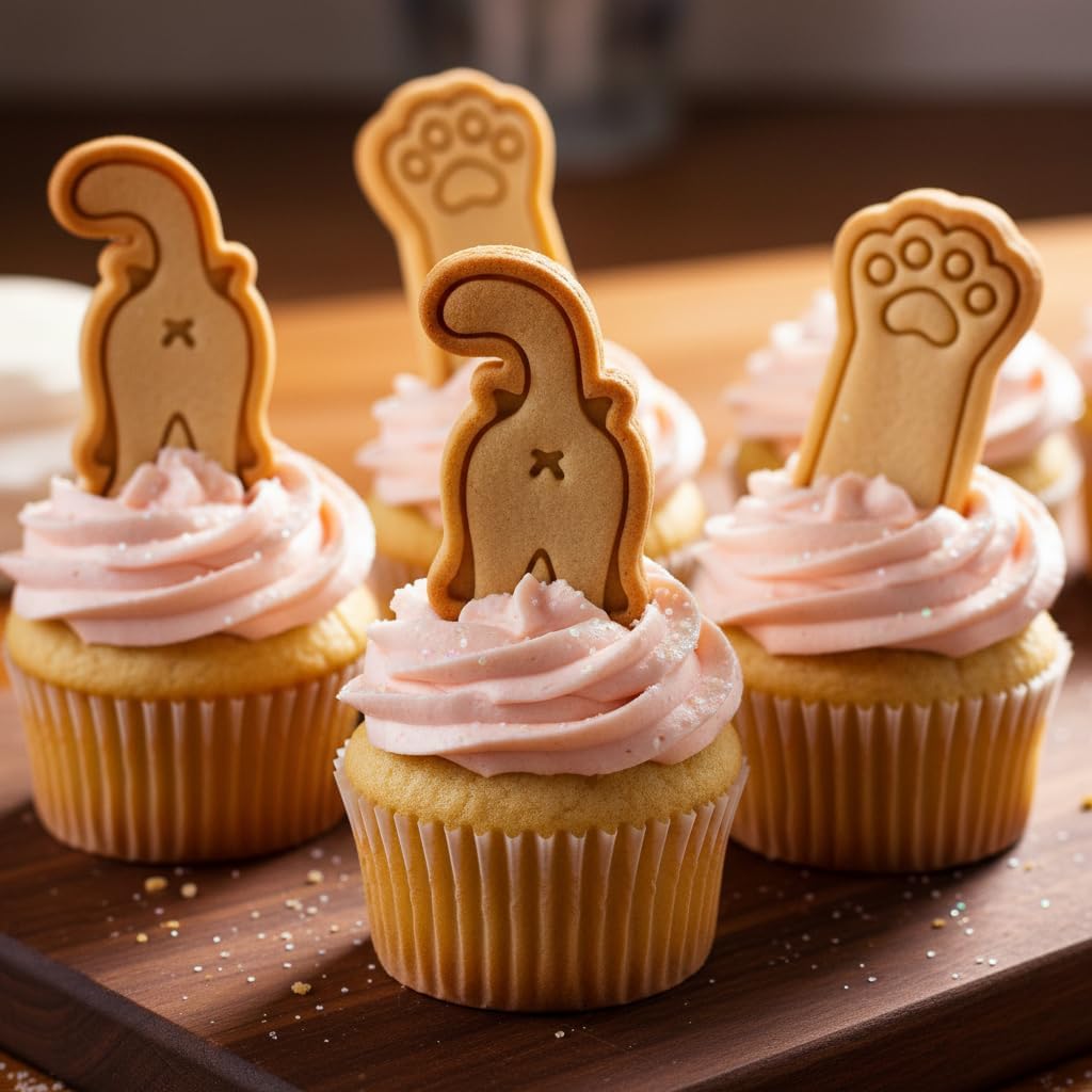 BAKERLOGY Kitty Hi & Bye Mini Cookie Cutter & Stamp Set (Kitty Butt & Kitty Paw Says Hi Designs) – Cute Cat Fondant Embossing Stamp Cutters for Pet Lovers, Cupcake Toppers & Fun Baking Treats
