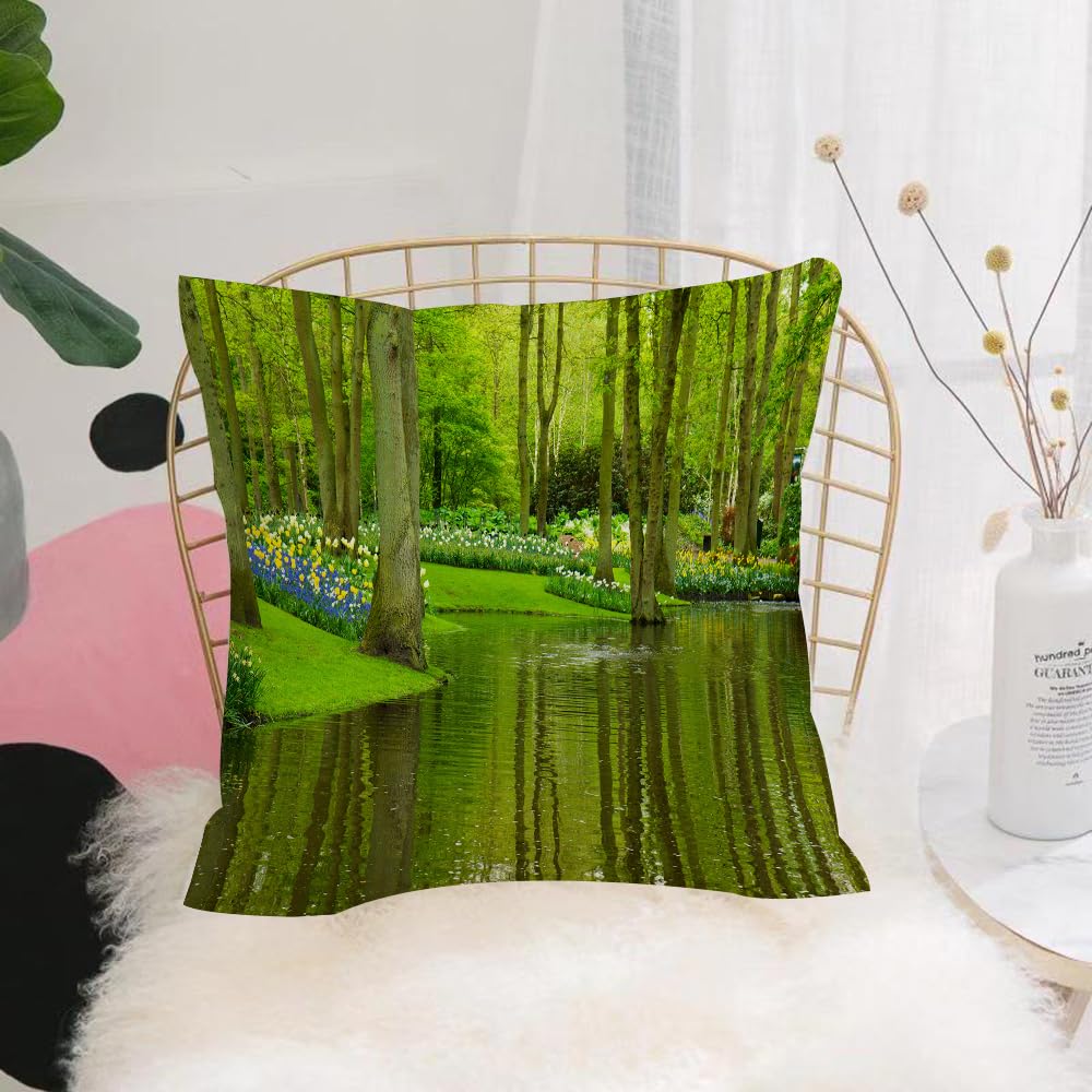HYOSXW Cushion Cover,Throw Pillow Case Home Decorative for Living Room Bedroom Sofa Chair 16X16 Inch,nature, forest with lake, Dutch garden, shepherd's forest, botany, flower bed,Pillowcase 40X40cm