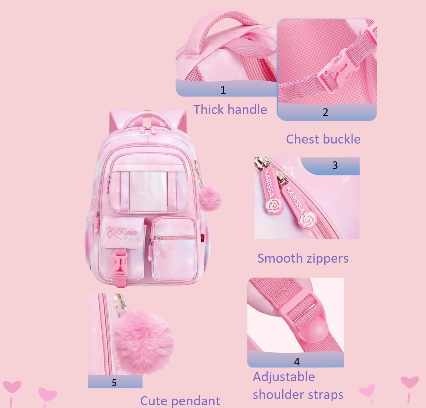 Backpack for Girls with Chest Buckle Kids Bookbag for Elementary School Water Resistant School Bag Purple - Image 4