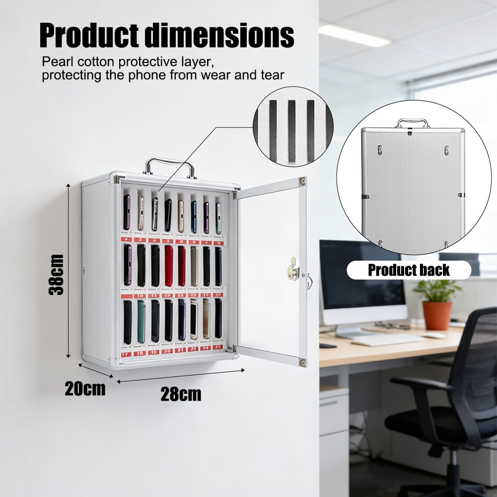 Armario de almacenamiento para teléfono móvil, 24 ranuras, caja de almacenamiento portátil, caja de teléfono móvil escolar con cerradura, aluminio para montaje en pared o escritorio, para aula