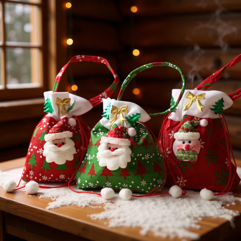 Moira Christmas Gift Bags Set, Festive Santa Snowman Reindeer Design, Red Green Beige Plush Drawstring Bags, 23 x 20 cm, Pack of 3, Holiday Party Decorations and Gift Packaging