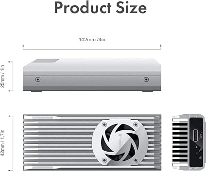 ineo M.2 PCIe NVMe SSD with Built-in Aluminum Alloy Fin and Quiet Fan for Heat Dissipation with Write Protection Silver, 20Gbps