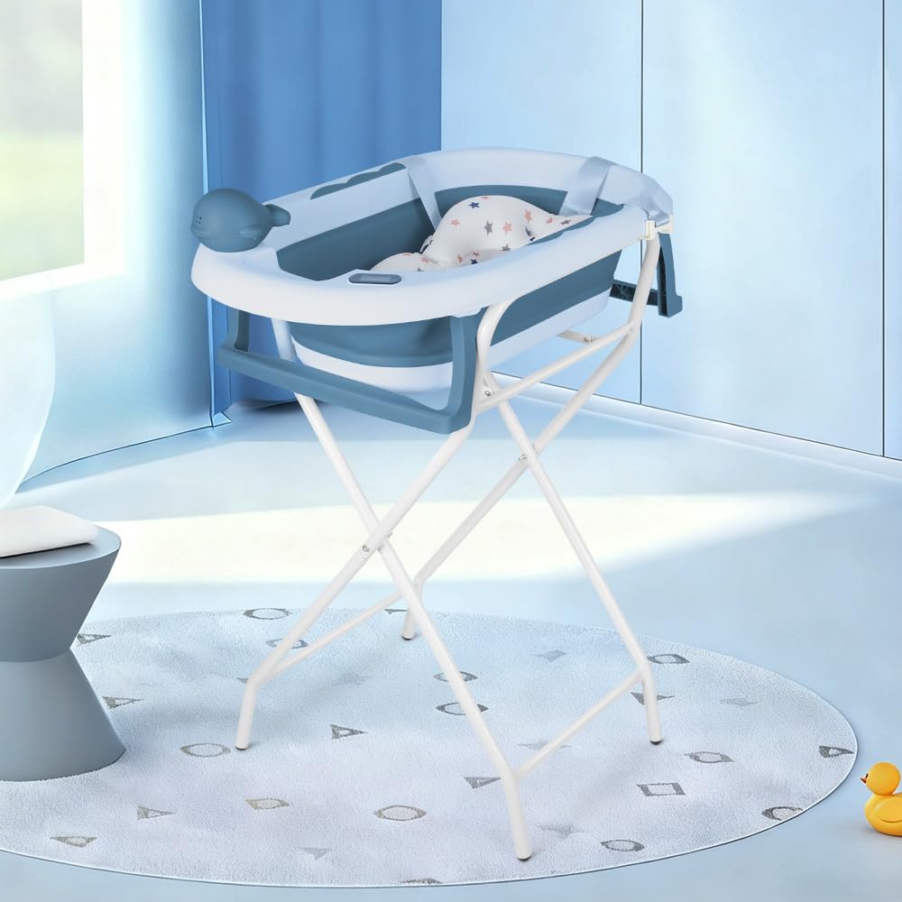 MUL-BOUTIQU Baignoire Bébé Pliable XXL avec Support, Thermomètre et Coussin - Baignoire Bebe Sur Pied - Idéal Pour Cadeau De Naissance Fille Ou Garçon (bleu)