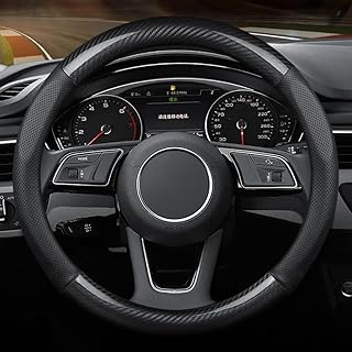 Car Steering Wheel Cover for Women Men, Premium Carbon Fiber Leather Car Steering Wheel Cover, Fits Sedans, SUVs, Trucks, Round (Black - Fingerprint)