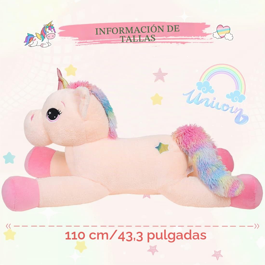 Sasusudols Unicornio Gigante de Peluche para Niñas - 110 cm, Peluche, Regalo Ideal para Cumpleaños, Navidad y Día de San Valentín, Color Crema