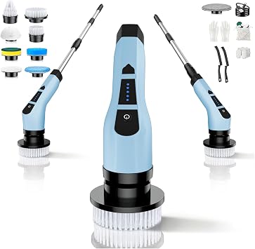 Electric Spin Scrubber, Shower Scrubber with Long Handle Adjustable, 2 Speed Shower Cleaner, 9 Replaceable Brush Heads Bathroom Cleaning Brush, Bath Tub Power Scrubbers Blue