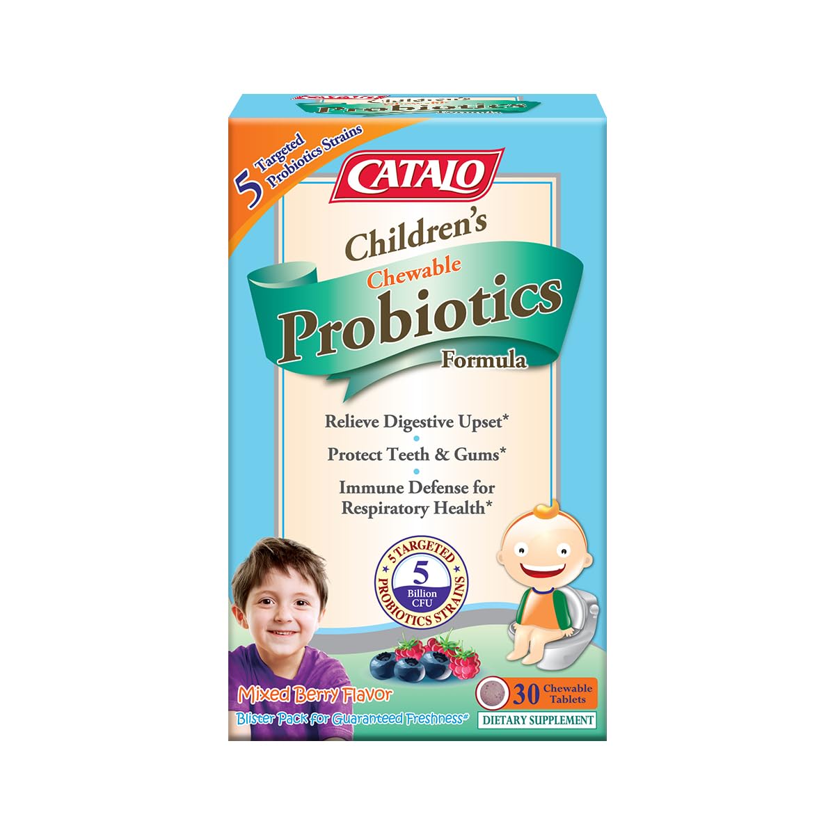 CATALO Kids Probiotics Chewable Formula - 5 Probiotic Strains Including Lactobacillus and Bifidobacterium - For Digestive and Oral Care in Toddlers and Kids - Delicious Mixed Berry Flavor - 30 Tablets