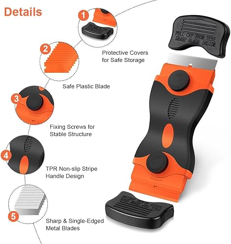 Miniatura 5 de Paquete de 2 raspadores de cuchillas de afeitar, herramienta raspadora 2 en 1 con 20 cuchillas de metal y 20 cuchillas de plástico, raspador de