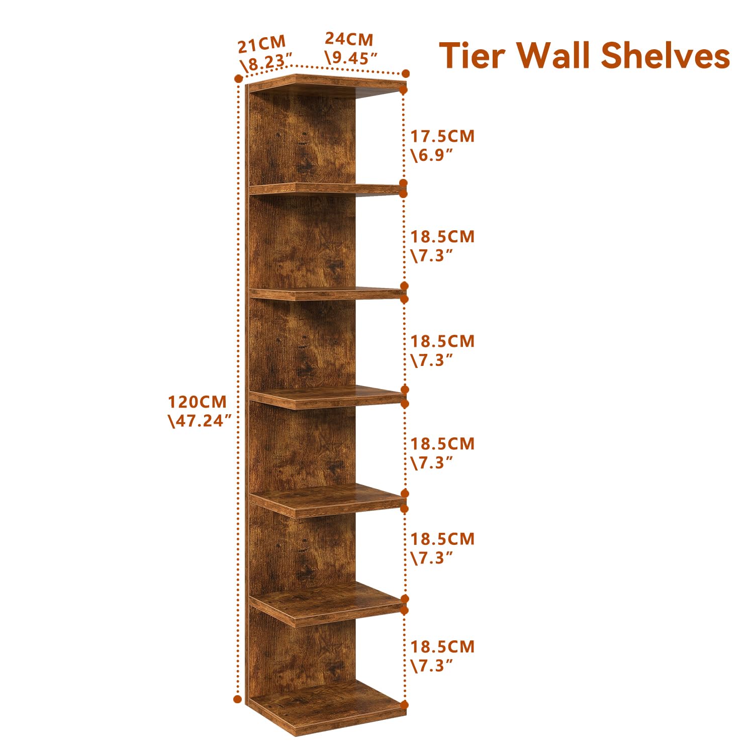 IBUYKE 7 Tier Wall Shelf Unit Floating Shelves,Lack Shelf for Wall Storage for Bedroom,Office,Bathroom Brown WBC018H