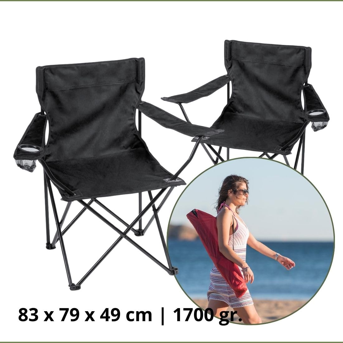 Pack de 2 Sillas y Mesa de Camping Plegables | Sillas Plegables con Porta Bebidas y Mesa Compacta | con Bolsa de Transporte | Set de Mobiliario de Exterior