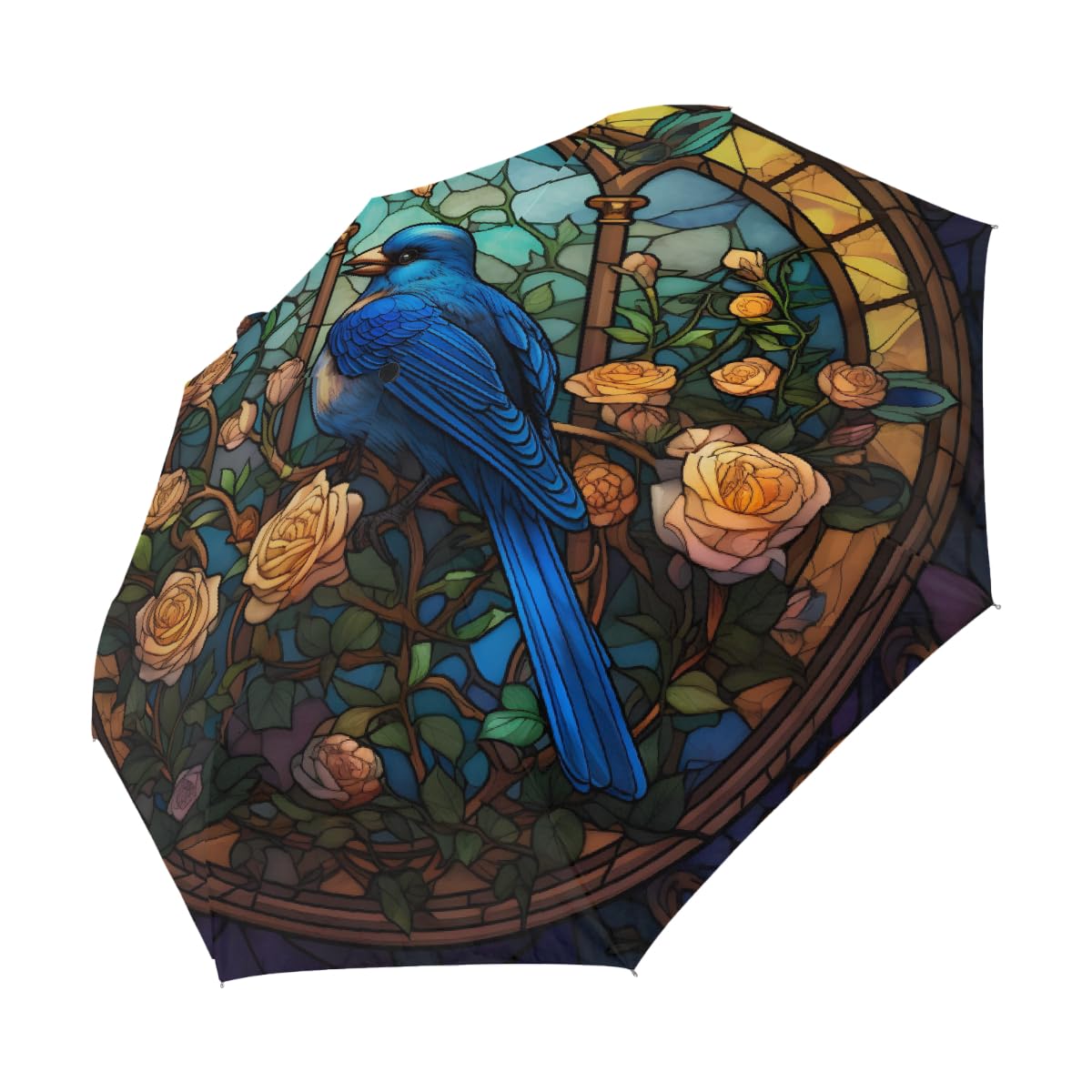 Ombrello pieghevole in vetro colorato con uccello e fiore, ombrello da viaggio, compatto, antivento, impermeabile, con protezione UV, rivestimento nero, leggero, 8 costine, portatile, per