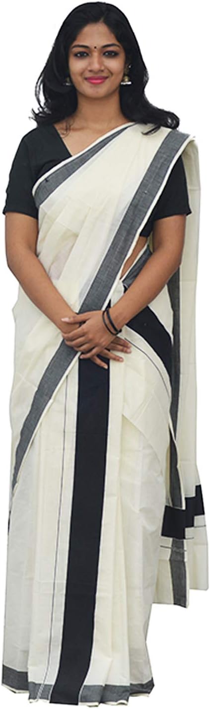 Southloom Women's Cotton Plain Weave Saree with Blouse Piece (ERPLCT-2020B, Cream and Black)