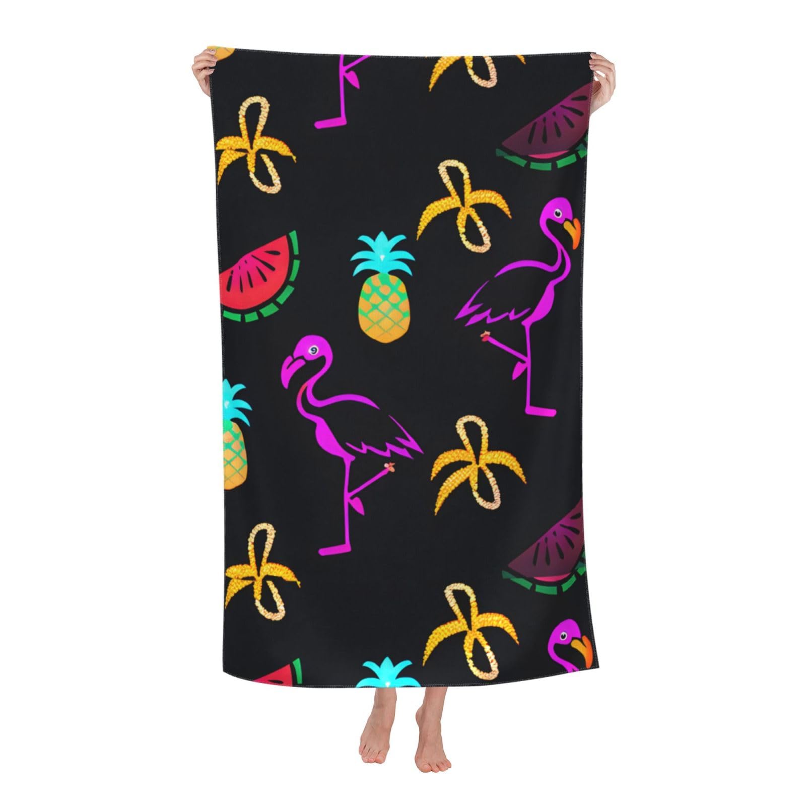 Pojknbv White Pineapple Banana Flamingo Print Oversized Adult Beach Towel Quick-Dry Comfortable Lightweight Travel Pool Camping