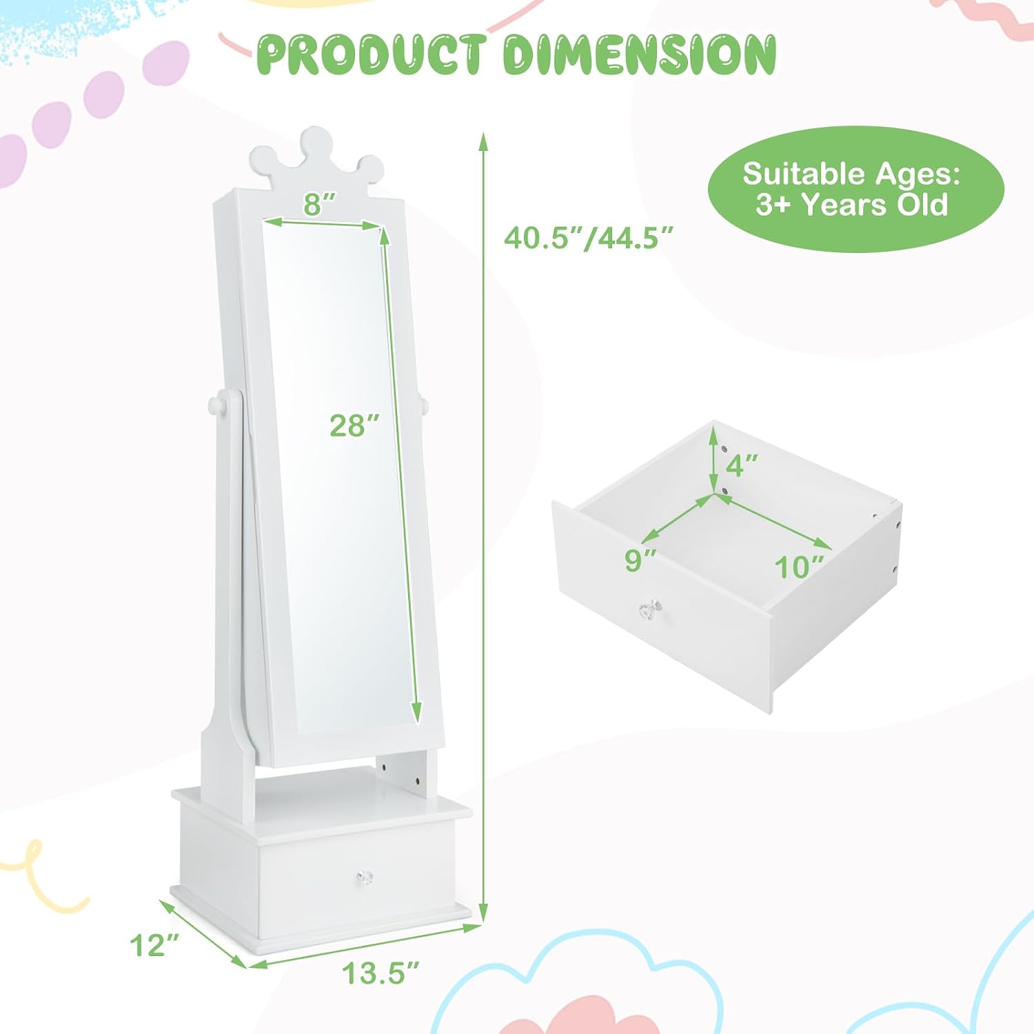 GOFLAME Kids Jewelry Armoire, Children’s Jewelry Cabinet with Full Length Mirror & Storage Drawers, Freestanding Jewelry Organizer for Girls, Birthday/Christmas Gift, White