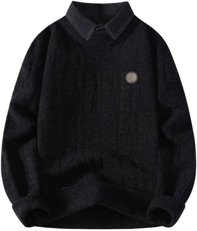 Winter Thick Fake Two Piece Shirt Collar Sweater Knitted Thread Clothes Men