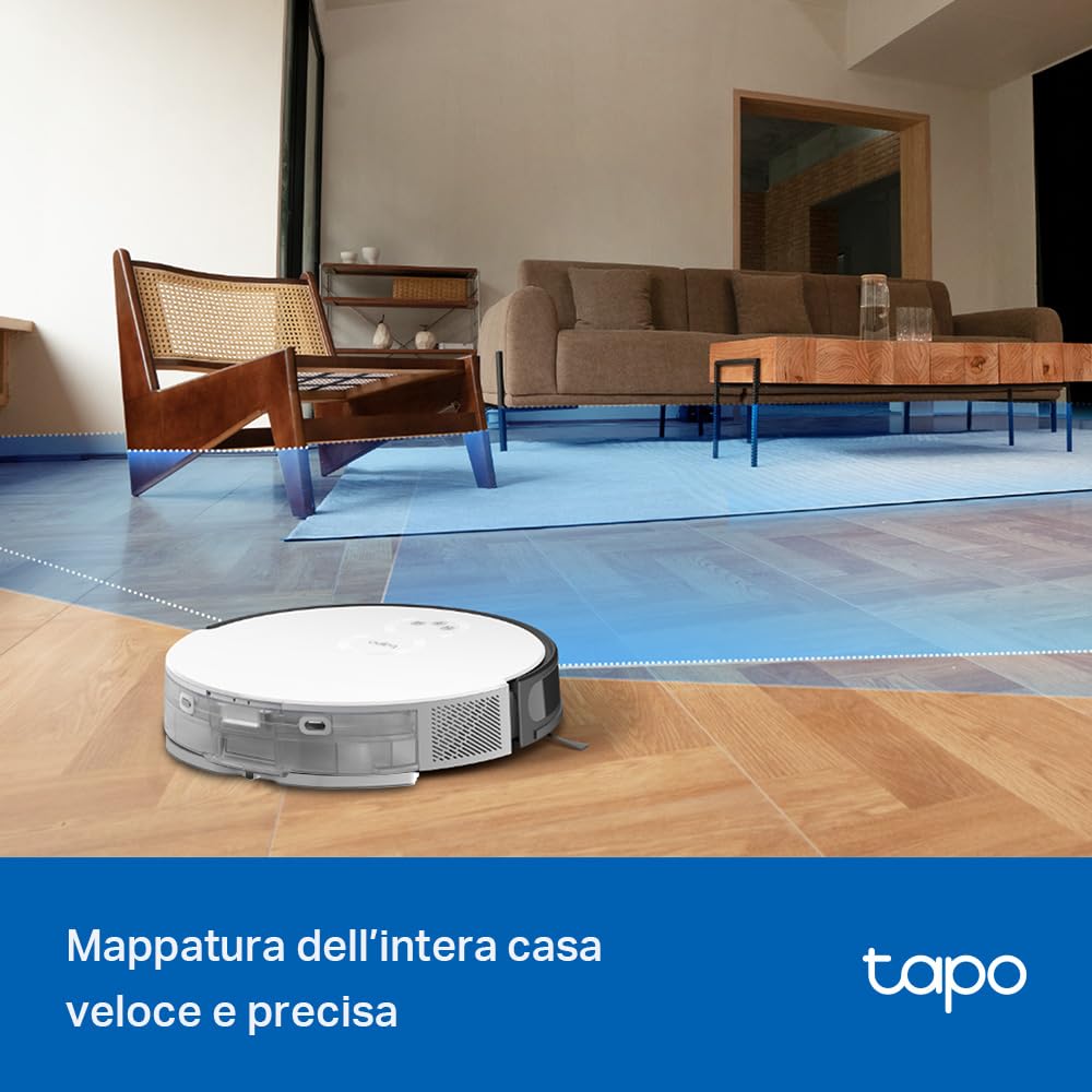 Tapo RV20 Mop Robot Aspirapolvere Lavapavimenti con Mappatura, Navigazione LiDAR MagSlim, Design Ultra Compatto 7.8 cm, Zone No-Go e Muri Virtuali, Aspirazione da 2700Pa, Controllo APP&Alexa&Google