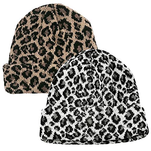 Crizan Women Girls Wool Blend Faux Fur Paisley Leopard Print Double Layers Winter Thick Slouchy Cable Knit Skull Beanie Hat Ski Cap (Brown And White) #TOP6