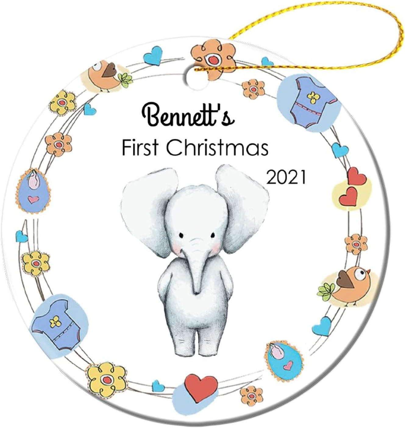 Custom Baby First Christmas Baby Elephant 2021 1st Cartoon Picture Ornaments for Newborn Babies Baby Xmas Keepsakes New Parents Mom Dad Presents Ceramic Holiday Decoration Round 3 Inch Set of 4