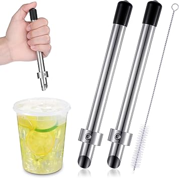 Lasnten 2 Pack Straw Puncher for Plastic Lids Lemonade Cups, Stainless Steel Straw Hole Puncher Punching Tools for Cafe Drinks Deli Container Squeezed Fresh Lemonade Stand Supplies6.3 Inch,Black